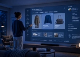 Person steht abends in einem blau getönten Wohnzimmer vor einem großen Wandbildschirm, auf dem personalisierte Produktempfehlungen und Profil-Icons eingeblendet sind, und betrachtet die KI-vorgefilterte Auswahl aufmerksam.