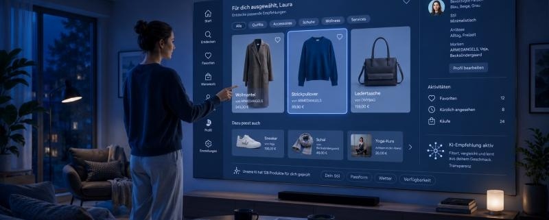 Person steht abends in einem blau getönten Wohnzimmer vor einem großen Wandbildschirm, auf dem personalisierte Produktempfehlungen und Profil-Icons eingeblendet sind, und betrachtet die KI-vorgefilterte Auswahl aufmerksam.