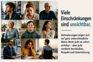 Collage verschiedener Menschen mit sichtbaren und unsichtbaren Einschränkungen sowie dem Hinweis, dass viele Behinderungen nicht sofort erkennbar sind.