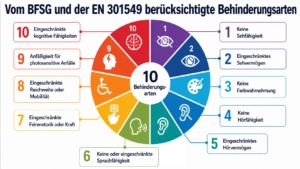 Infografik zu den zehn vom BFSG und der EN 301549 berücksichtigten Behinderungsarten.