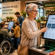 Barrierefreiheit im Handel – digitale Einkaufslösungen für alle Ältere Frau nutzt ein barrierefreies Self-Service-Terminal im Supermarkt, während weitere Kunden unterschiedliche digitale Einkaufslösungen verwenden.