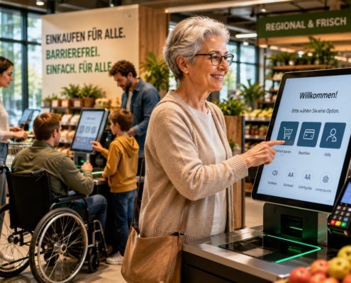 Ältere Frau nutzt ein barrierefreies Self-Service-Terminal im Supermarkt, während weitere Kunden unterschiedliche digitale Einkaufslösungen verwenden.