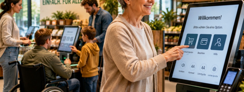 Ältere Frau nutzt ein barrierefreies Self-Service-Terminal im Supermarkt, während weitere Kunden unterschiedliche digitale Einkaufslösungen verwenden.
