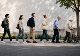 Menschen verschiedener Altersgruppen gehen nebeneinander auf einem Gehweg. Mit zunehmendem Alter werden Hilfsmittel wie Gehstock oder Rollator sichtbar.