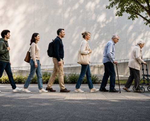 Menschen verschiedener Altersgruppen gehen nebeneinander auf einem Gehweg. Mit zunehmendem Alter werden Hilfsmittel wie Gehstock oder Rollator sichtbar.