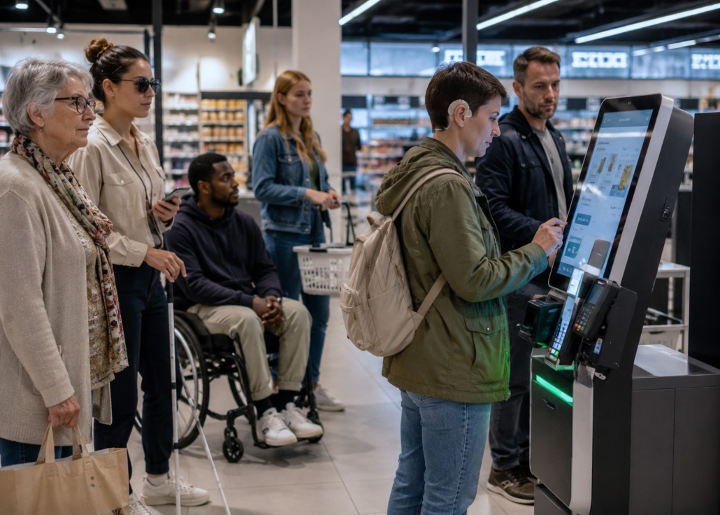 Moderne Self-Service-Umgebung mit Fokus auf unsichtbare Behinderungen und barrierefreie Technik