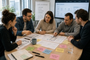 Nutzer, UX-Designer und Entwickler arbeiten gemeinsam an verständlichen Benutzeroberflächen und der Vermeidung kognitiver Barrieren.