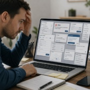 Wenn Verstehen zur Herausforderung wird Person wirkt angesichts einer komplexen digitalen Benutzeroberfläche mit zahlreichen Informationen, Menüs und Auswahlmöglichkeiten sichtbar überfordert.