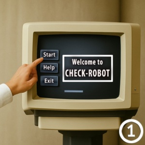 Geschichte des Self-Checkouts: Startbildschirm des Check-Robot-Systems auf der EuroShop 1990 mit Touchscreen-Bedienung.