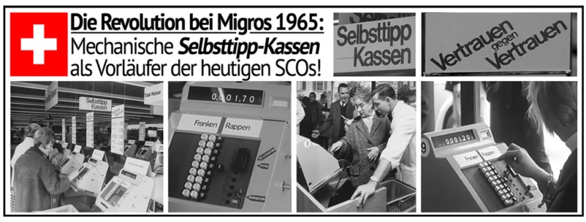 Die Geschichte des Self-Checkouts begann mit Selbsttipp-Kassen bei Migros im Jahre 1965.