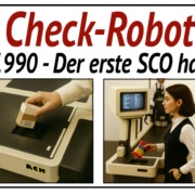 Self-Scanning 1990 – Check-Robot auf der EuroShop Geschichte des Self-Checkouts: Der Check-Robot auf der EuroShop 1990 mit den elementaren Prozessschritten der damaligen SCO-Technologie.