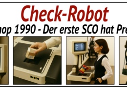 Geschichte des Self-Checkouts: Der Check-Robot auf der EuroShop 1990 mit den elementaren Prozessschritten der damaligen SCO-Technologie.