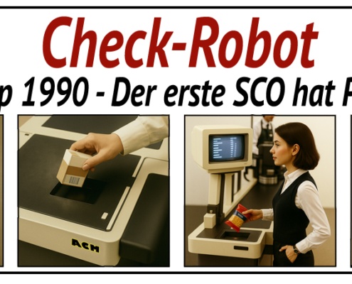 Geschichte des Self-Checkouts: Der Check-Robot auf der EuroShop 1990 mit den elementaren Prozessschritten der damaligen SCO-Technologie.