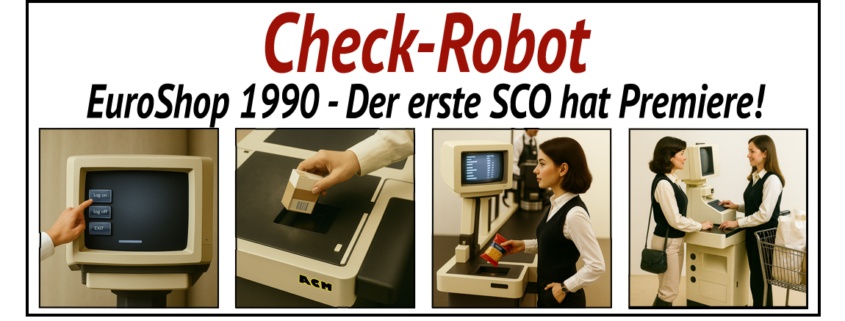 Geschichte des Self-Checkouts: Der Check-Robot auf der EuroShop 1990 mit den elementaren Prozessschritten der damaligen SCO-Technologie.