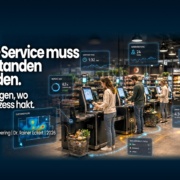 Self-Service muss verstanden werden – Kennzahlen zeigen, wo der Prozess hakt Self-Checkout-Zone im Supermarkt mit eingeblendeten Self-Service-Kennzahlen zu Wartezeit, Eingriffen, Durchsatz, Abbrüchen und Kundenfluss.