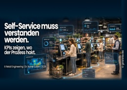 Self-Checkout-Zone im Supermarkt mit eingeblendeten Self-Service-Kennzahlen zu Wartezeit, Eingriffen, Durchsatz, Abbrüchen und Kundenfluss.