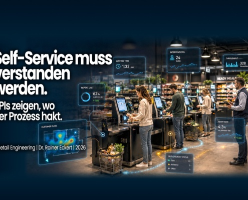 Self-Checkout-Zone im Supermarkt mit eingeblendeten Self-Service-Kennzahlen zu Wartezeit, Eingriffen, Durchsatz, Abbrüchen und Kundenfluss.