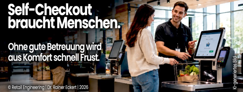 Ein SCO-Attendant unterstützt eine Kundin an einer Self-Checkout-Kasse. Text im Bild: „Self-Checkout braucht Menschen. Ohne gute Betreuung wird aus Komfort schnell Frust.“