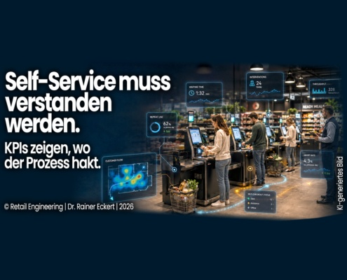 Self-Checkout-Zone im Supermarkt mit eingeblendeten Self-Service-Kennzahlen zu Wartezeit, Eingriffen, Durchsatz, Abbrüchen und Kundenfluss.