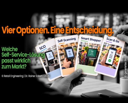 Auswahl der passenden Self-Service-Lösung: SCO, Self-Scanning, Smart Shopper und Scan & Go vor einem Supermarkt.