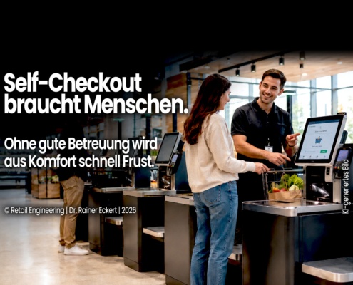 Ein SCO-Attendant unterstützt eine Kundin an einer Self-Checkout-Kasse. Text im Bild: „Self-Checkout braucht Menschen. Ohne gute Betreuung wird aus Komfort schnell Frust.“